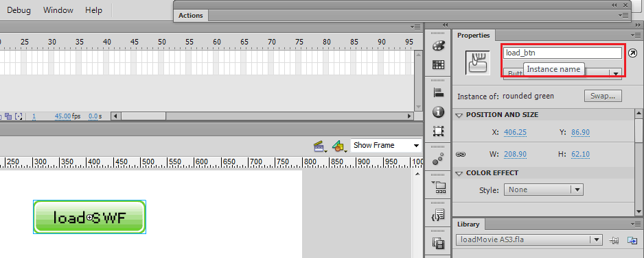 Berikan instance name pada button loadMovie ActionScript 3