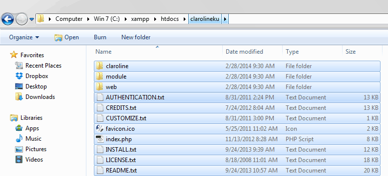 Isi file .zip dari Claroline yang telah diekstrak