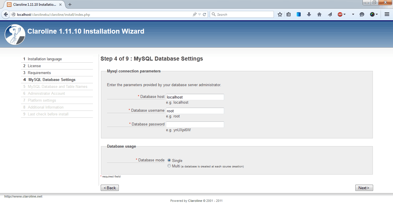 MySQL Database Setting di Claroline