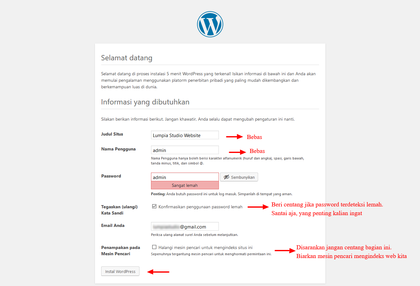 setup admin wordpress