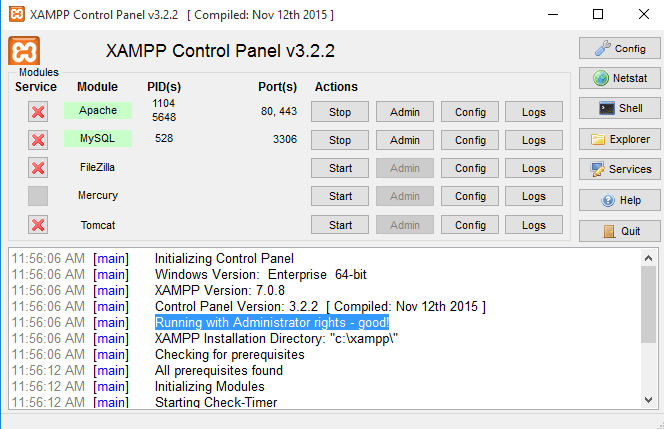 tampilan xampp as administrator