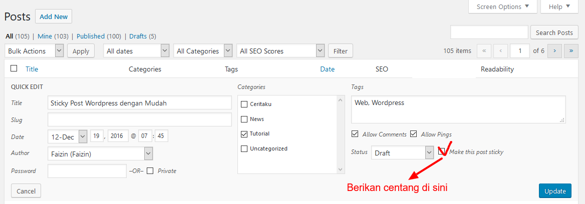 centang sticky dari Quick Edit