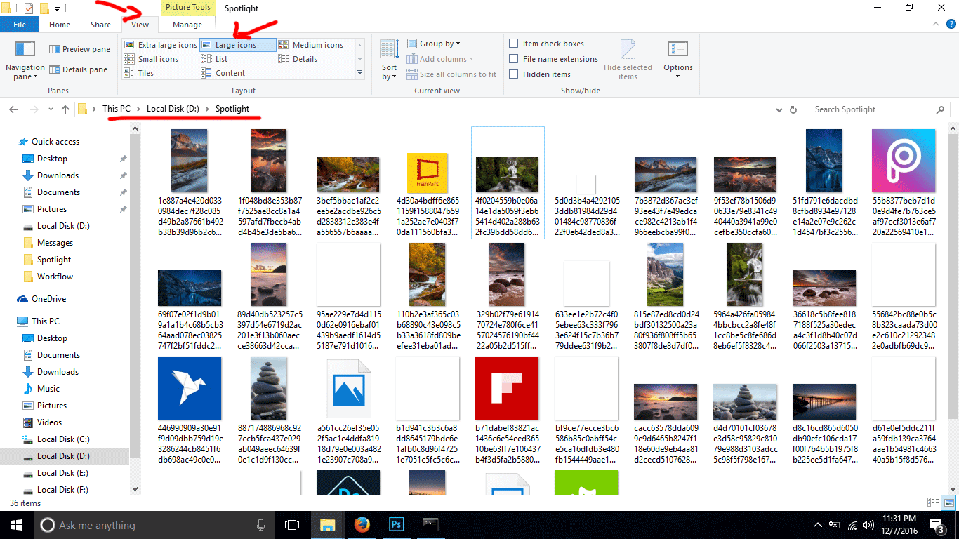 menyimpan gambar spotlight - tampilan view thumbnail explorer