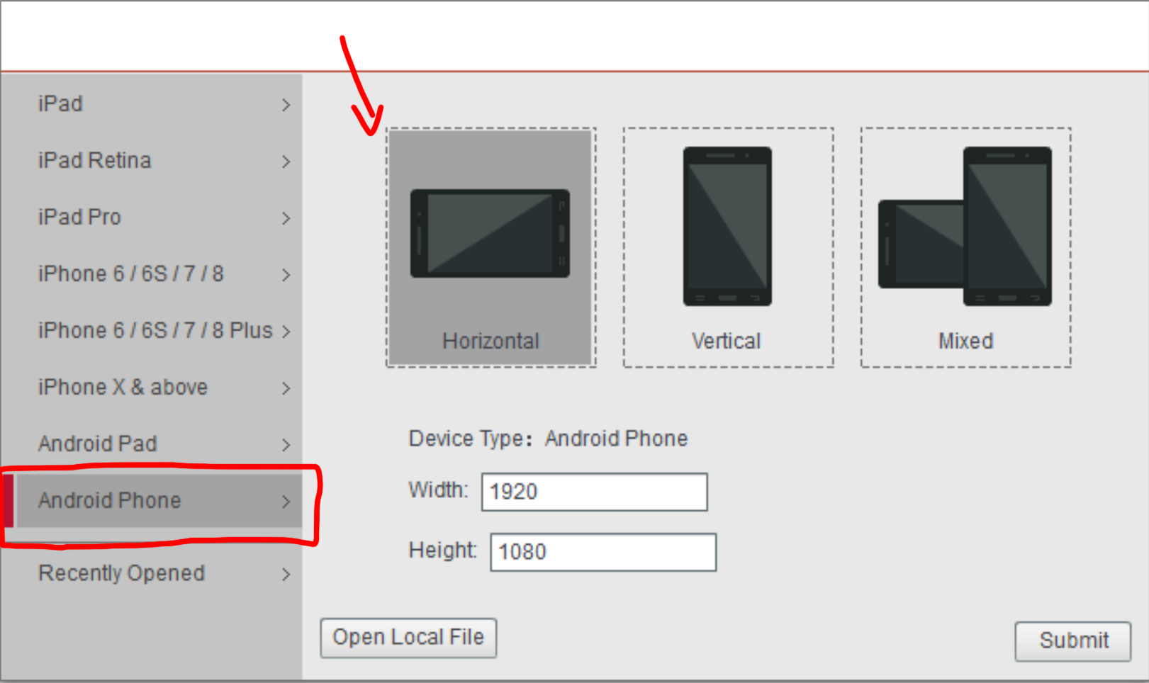 Android Phone dengan layout horizontal di SAC