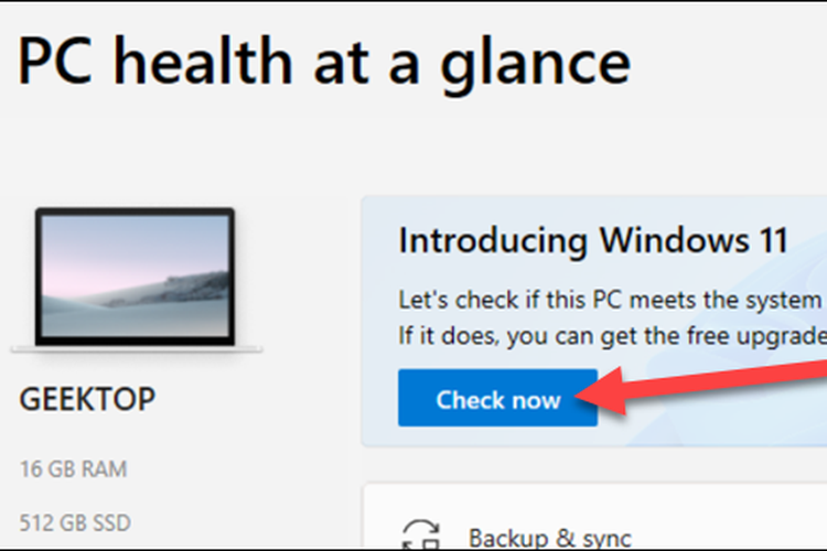 Check Now untuk memulai pemindaian Windows PC Health Check